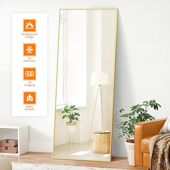 Full Length Mirror, Gold Standing Mirror, 70"x24" Full Body Mirror with Standing, Free Standing, Wall Mirror with Aluminum Alloy Frame, Large Floor Mirror for Bedroom Living Room Dressing Room