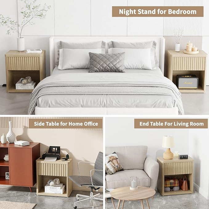 Large Modern Nightstand with Drawer Storage 22.8Inch Wide Fluted Bedside Table End Table for Bedroom, Living Room, Sofa, Couch, Home Office，Mid Century Bed Stands(1Pieces)