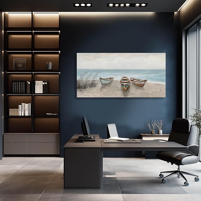 WINKAILIN Coastal Wall Art Beige and Blue Pictures Wall Decor Boat Canvas Prints 24"x 48" Scenery Artwork Vintage Posters for Bedroom Office Home