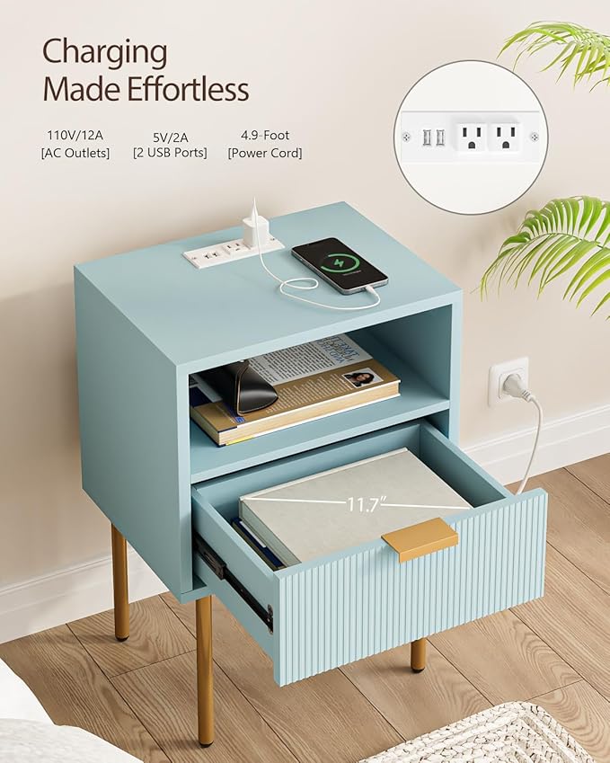 Nightstand,Morden Bedside Table with Gold Frame,Small White Night Stand,End Table,Bedside Furniture,Side Table with Drawer and Shelf for Bedroom,Living Room (1Drawer, Blue-Outlet)