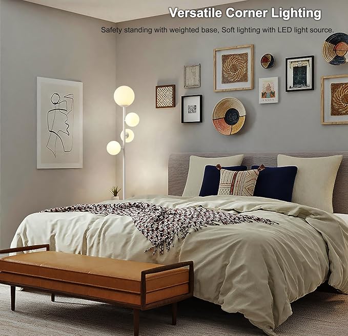 Fiqevs 4 Globe Floor Lamp for Living Room, Modern Standing Lamp with Frosted Sphere Glass Shade, 3000K Warm Light LED Bulbs Included, Tall Tree Lamp for Bedroom, Home & Office - White