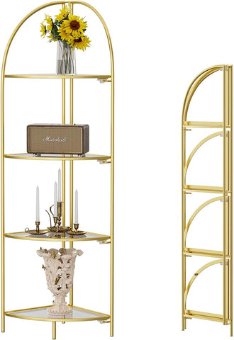 Crofy Foldable 4 Tier Corner Shelf, Metal Corner Plant Stand with Gold Frame and Transparent Shelves, Corner Display Rack Multipurpose Shelving Unit for Living Room, Bedroom, Bathroom
