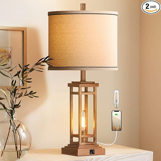 ROTTOGOON 27.5 Tall Farmhouse Table Lamp with USB C + USB A Charge Ports, Rustic Living Room Lamp, Black Industrial End Table Lamp for Bedroom Living Room Nightstand (Wood)