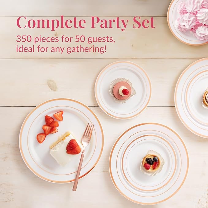 Prestee Rose Gold Disposable Dinnerware Sets - 350-Piece Plastic Dinner Set for 50 Guests, Includes Plastic Plates, Cups, Cutlery, for Weddings, Baby Showers, and Party Dining