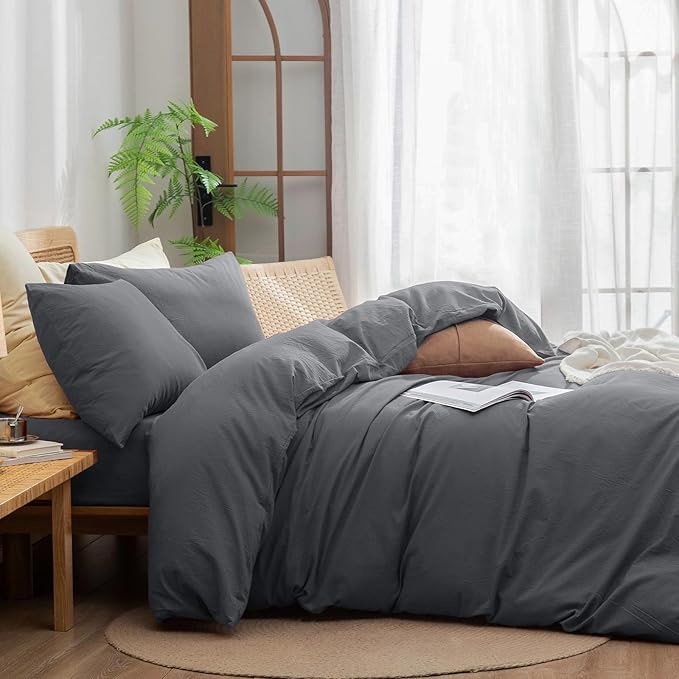 BESTOUCH Duvet Cover Set 100% Washed Cotton Linen Feel Super Soft Comfortable Chic Lightweight 3 PCs Home Bedding Set Solid Quiet Shade Grey Cal King