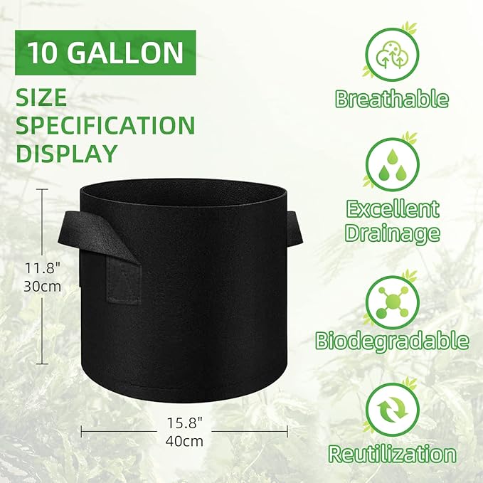50 Pack 10 Gallon Plant Grow Bags, Breathable Felt Non-Woven Aeration Fabric Plant Grow Pots, Garden Planting Containers for Nursery Vegetable Flower Grow Bags with Handles (15.7x11.8inch)