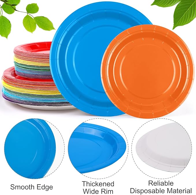 Durony 504-Piece Party Tableware Set - Rainbow Disposable Serves 72 Guests - 7" & 9" Paper Plates, 9oz Cups, Napkins, Plastic Cutlery, Decorations, Neon Supplies