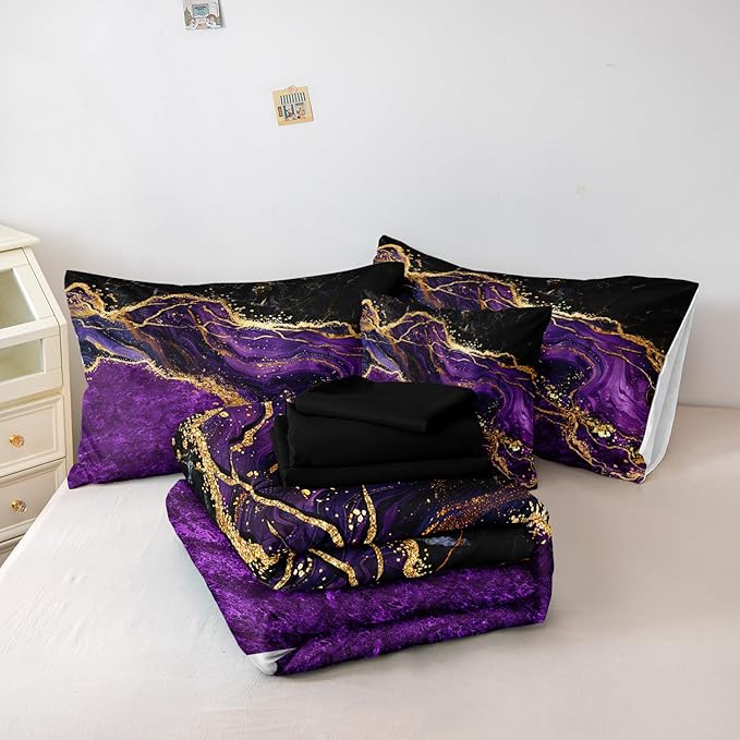 Black Gold Comforter Set - 6 Pcs Purple Marble Bedding Set Twin Size Bed in A Bag - Stone Texture Abstract Room Decor - Purple and Black