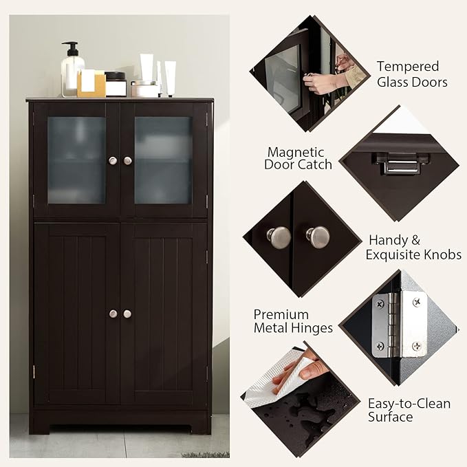 GOFLAME Bathroom Storage Cabinet, Freestanding Storage Cabinet with 4 Doors, Wooden Kitchen Cupboard with Adjustable Shelf, Buffet Sideboard, Multipurpose Home Organizer for Bathroom, Kitchen, Brown