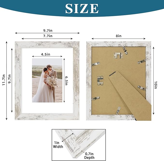8x10 Picture Frame Set of 2, Made of Real Glass and Distressed White Wooden Frame - Display Picture 5x7 with Mat or 8x10 Without Mat, 8 by 10 Photo for Wall or Tabletop