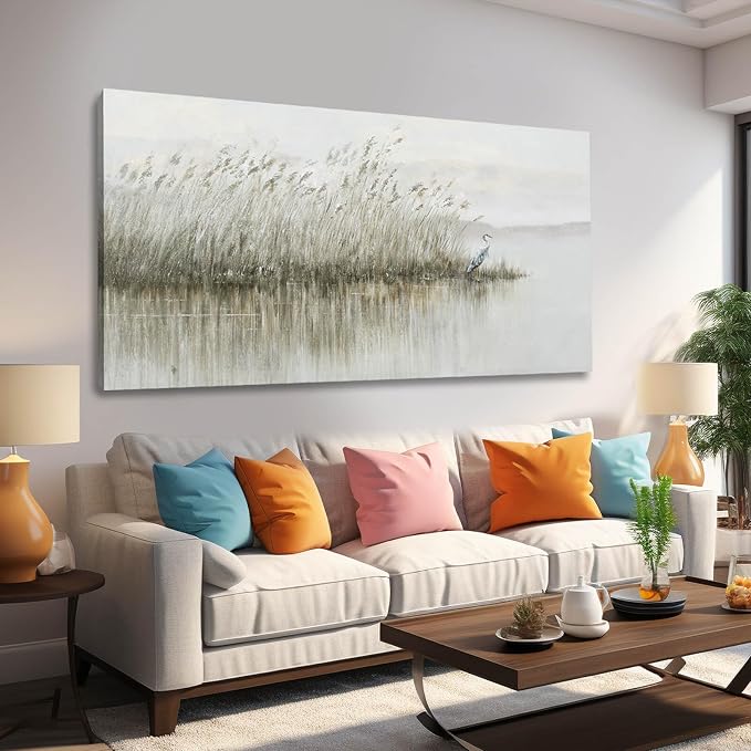 WINKAILIN Grey Pictures Wall Decor Landscape Wall Art Reed and Egret Painting on Canvas Vintage Posters for Room Bedroom Living Room Home Decor 29x58 Inch