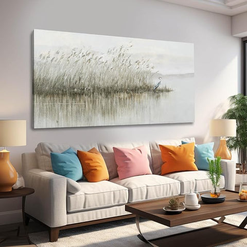 WINKAILIN Grey Pictures Wall Decor Landscape Wall Art Reed and Egret Painting on Canvas Vintage Posters for Room Bedroom Living Room Home Decor 29x58 Inch