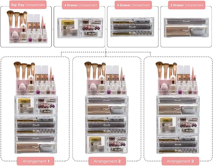 Sorbus Large Clear Makeup Organizer - Detachable 4-Piece Jewelry & Make Up Organizers and Storage Set - Spacious Cosmetic Display Tower - Makeup Organizer for Vanity, Bathroom, Dresser & Countertop