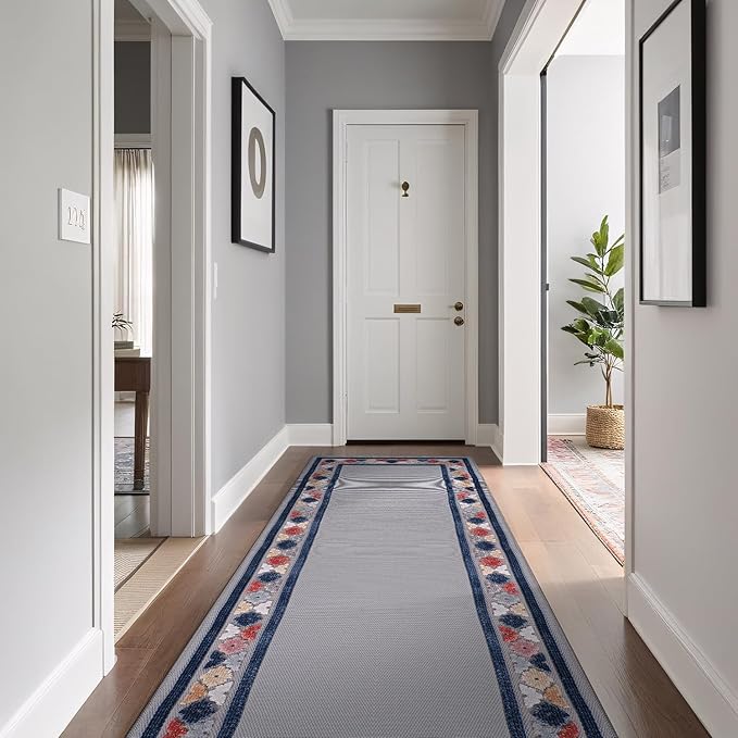 Beverly Rug Outdoor Runner Rug 2x7 Modern Floral Bordered Area Rugs for Indoor and Outdoor Patio Easy to Clean Non Shedding Living Room Porch Garden Washable Outside Carpet (2 x 7 Gray)