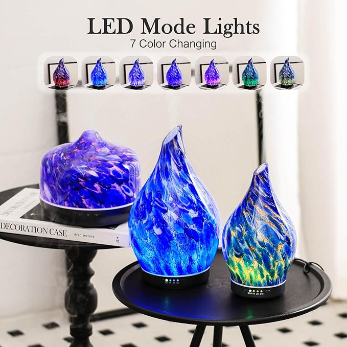 Porseme 280ml Essential Oil Diffuser Glass Color Changing Aroma Air Diffusers Aromatherapy Ultrasonic Cool Mist Humidifier 7 Running Hours Waterless Auto-Off for Sleeping, Yoga, Office (Deep Blue)