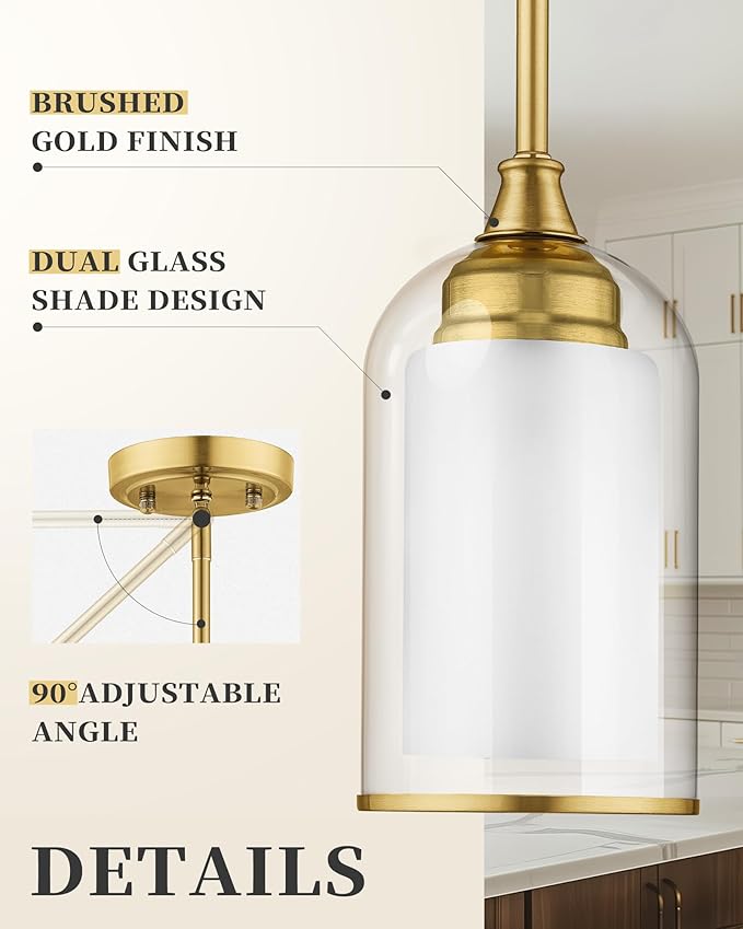 LIROUVET 2 Pack Pendant Lights, Vintage Dual Glass Hanging Lamp, Brushed Gold Pendant Lights Kitchen Island with Clear and Milk Glass, Pendant Lighting for Dining Room PL02BR-2PK