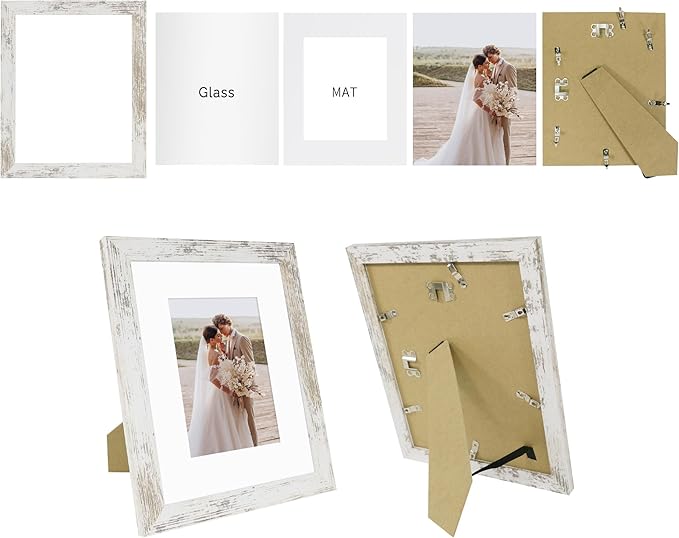 8x10 Picture Frame Set of 2, Made of Real Glass and Distressed White Wooden Frame - Display Picture 5x7 with Mat or 8x10 Without Mat, 8 by 10 Photo for Wall or Tabletop