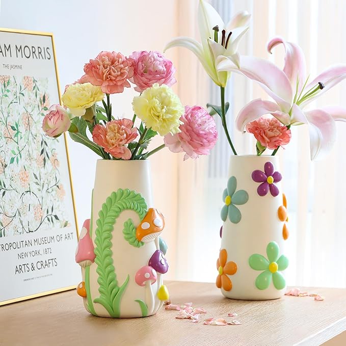 GUGUGO Pastel Flowers Vase, 8-Inch-Tall Rainbow Funky Mushroom Decor, Eclectic Vases for Flowers, Unique Colorful Decorative Vase, Cute Room Decor Aesthetic