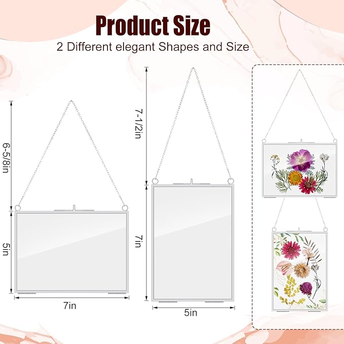 Barydat 12 Pack Pressed Flowers Glass Frames, 5 x 7 Inch Brass Hanging Floating Frame with Chain, Double Glass Photo Display for Dried Flowers, Plant Specimen, Artwork Display (Silver)