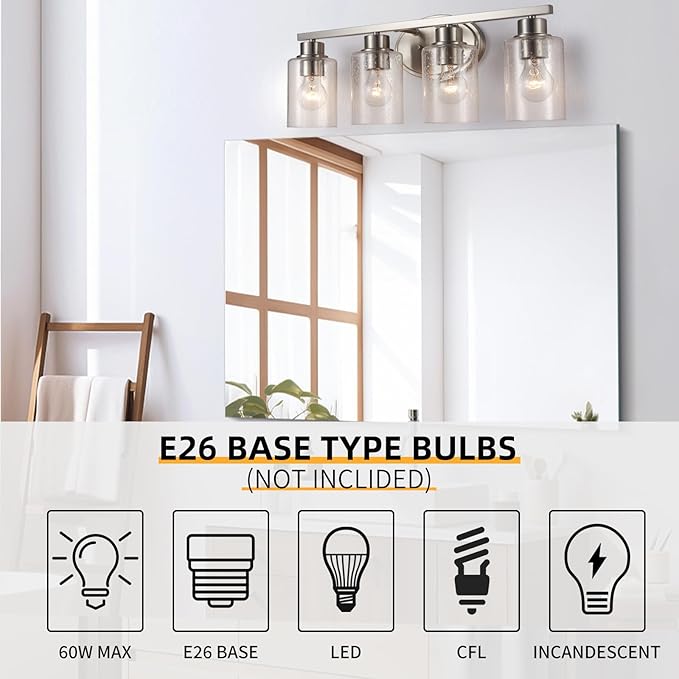 Bathroom Vanity Light Fixtures Over Mirror, Seeded Glass Bathroom Vanity Light, 4 Light Brushed Nickel Bathroom Light Fixtures with Clear Glass, Modern Rustproof Vanity Light Wall Mount