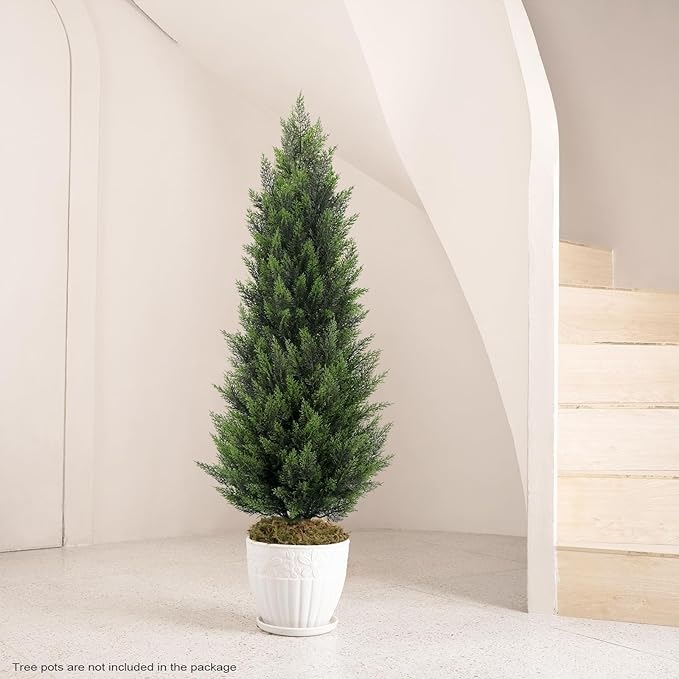 Artificial Topiary Cedar Trees 4FT Tall 2 Set, Outdoor Indoor Faux Pine Shrubs Plants, Realistic Fake Plants Front Porch Decor, Artificial Bushes Cypress for Home Front Door Offices