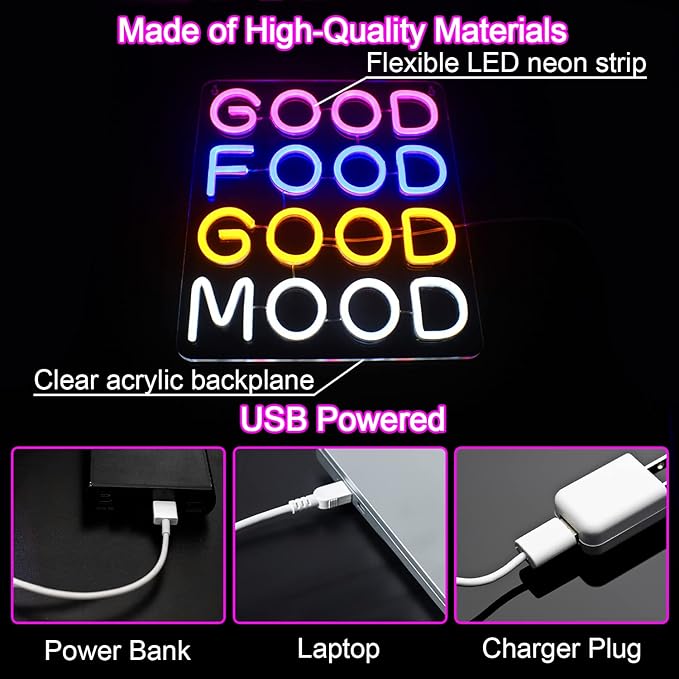 Horseneon Good Food Good Mood Neon LED Sign, Food Neon Signs for Wall Decor, Good Food Good Mood Neon Light with USB Powered for Snack Shop, Restaurant, Fast Food