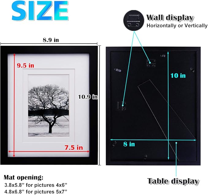 Egofine 8x10 Picture Frames Set of 6, Made of Solid Wood Covered by Plexiglass Display 4x6 and 5x7 with Mat or 8x10' without Mat, for Table Top Display and Wall Mounting Photo Frame Black
