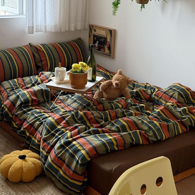 VM VOUGEMARKET Red Green Striped Duvet Cover Full Size Stylish Farmhouse Style Washed Cotton Multi-Color Stripes Bedding Set 1 Duvet Cover with 2 Pillowcases