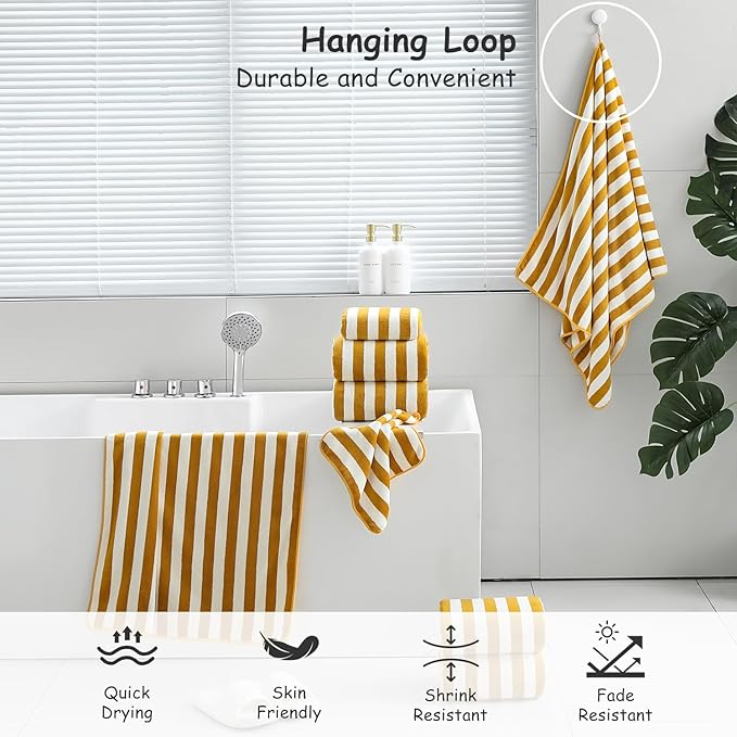 Oliven 18 Pcs Yellow Cabana Stripe Family Towels Set-6 Bath Sheets,6 Hand Towels,6 Washcloths Soft Jumbo Bathroom Towels Absorbent Shower Towel Quick Dry Beach Chair Towel Spa Gym Hotel Towel Set