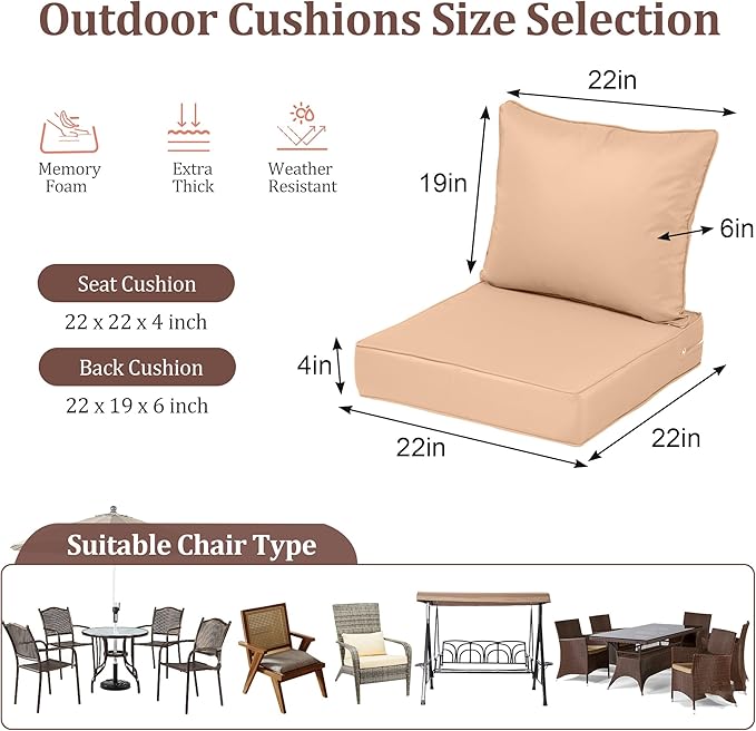 Waterproof Outdoor Chair Cushion Set of 4, 22x22x4 IN Deep Seat Patio Cushions with Fade Resistant Removable Cover,Outdoor Cushions for Patio Furniture with Ties&Handle for Chair Sofa Couch,Beige