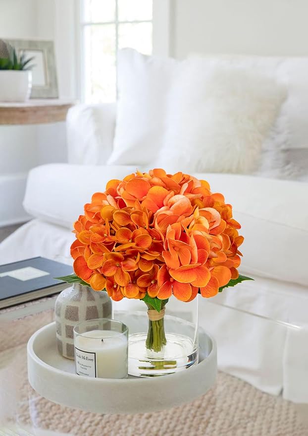 Hollyone Fall Hydrangea Artificial Flowers for Decoration Orange Hydrangea Artificial Flowers in Vase Latex Real Touch Fall Flower Arrangements Fake Hydrangeas with Faux Water Autumn Centerpiece Decor