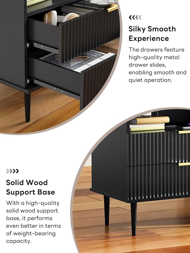 Modern Nightstand with Charging Station, 2 Drawers Fluted Wood Bedside Table with USB, Type-C & Outlets, Metal Legs, Storage Dresser for Bedroom or Living Room (Ink Black, 23.3")
