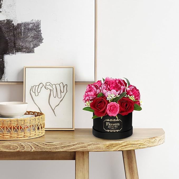 Hollyone Red Artificial Peonies Roses in Vase Round Gift Boxes with Fake Flowers Arrangements Faux Flowers Floral in Box Vase for Her Mothers' Day Valentine's Day Christmas Birthday Graduation Gift