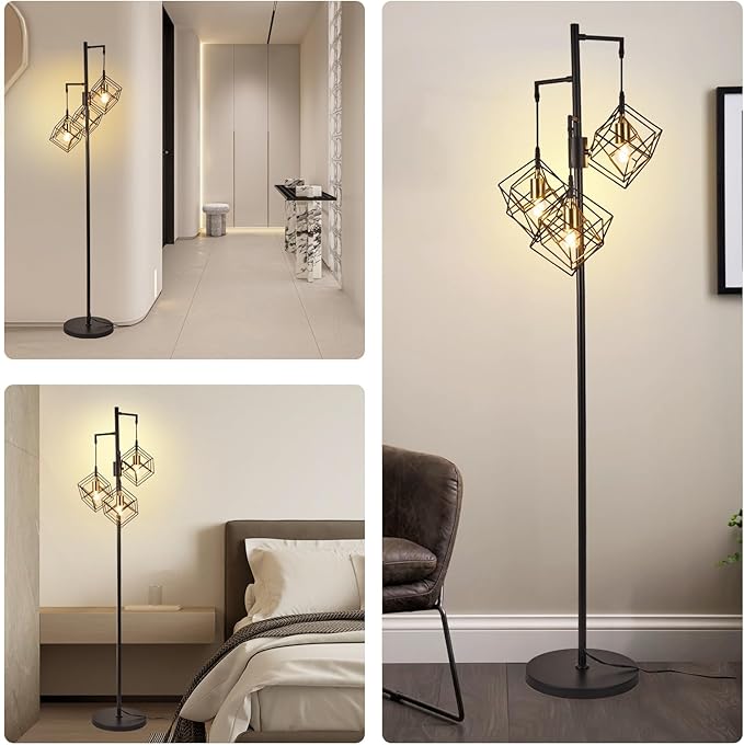 Dimmable Farmhouse Floor Lamp for Living Room, 3 Light Rustic Standing Tall Lamp, Modern Bright Floor Lamp, Industrial Standing Lamp for Bedroom, Tall Pole Lamps Office, 3 LED Bulbs Included.