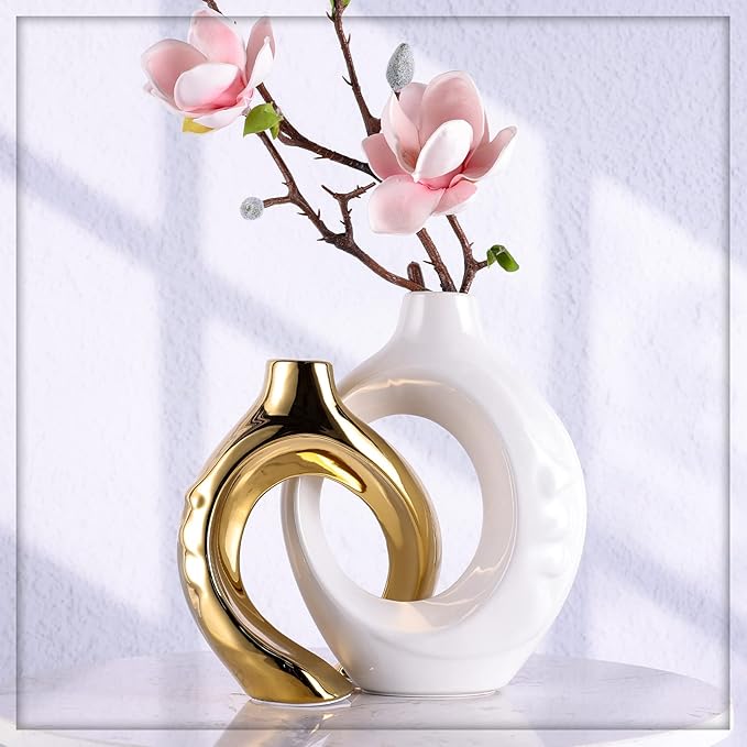 White Gold Ceramic Decorative Vase Home Decor, White and Gold Vase Set of 2, Pampas Grass Decorative Vase, Coffee Table Vase, Entryway Table Decor (White Gold)