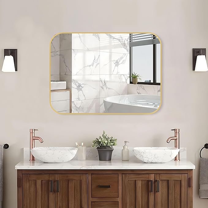 FARMER 20x28 Inch Gold Bathroom Mirrors for Wall, Framed Bathroom Vanity Mirror with Rounded Edge, Brushed Rectangle Mirrors for Bathroom for Washroom, Living Rooms, Hangs Horizontally or Vertically