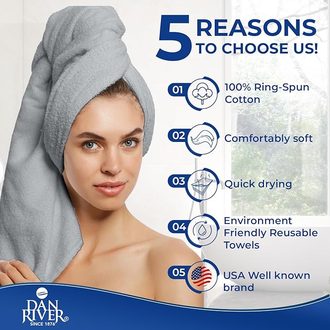 DAN RIVER 8 PC Luxury Bath Towels for Bathroom, 2 Bath, 2 Hand, and 4 Wash Cloths, 600 GSM 100% Ring Spun Cotton Towel Set, Highly Absorbent, Gym, Hotel, and Spa, Silver