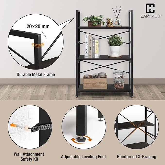 CAPHAUS 2 Tier Small Bookshelf, 24 Inch Width Free Standing Shelf, Bookcase Shelf Storage Organizer, Industrial Book Shelves for Home Office, Living Room, Black Shelves & Metal Frame