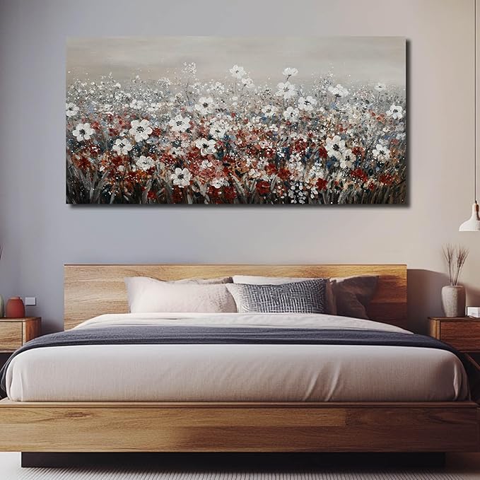 NBAODAN White and Red Flowers Canvas Pictures Nature Wall Art for Living Room Bedroom Modern Artwork Colorful Plants Wall Decor for Office 24x48 Inch