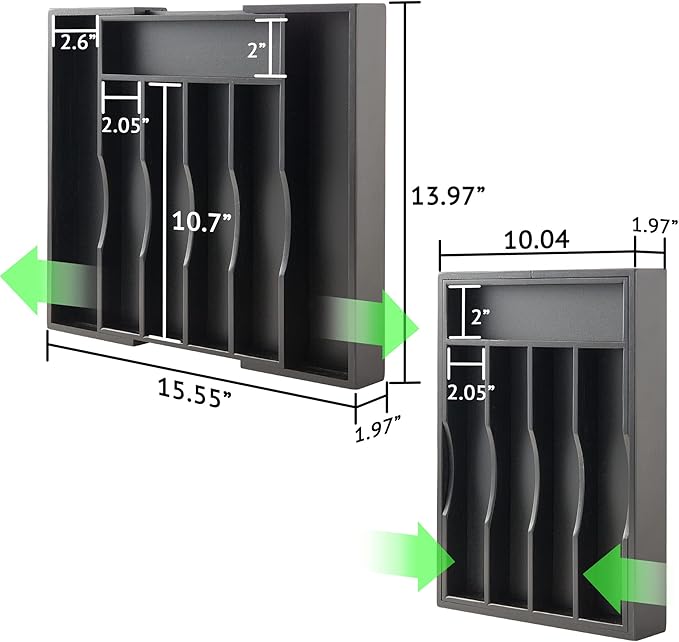 2-Piece Expandable Bamboo Kitchen Drawer Organizer for Cutlery and Utensils, Adjustable Bamboo Wood Cutlery Tray in Drawer for Flatware and Silverware in Kitchen, (Black)