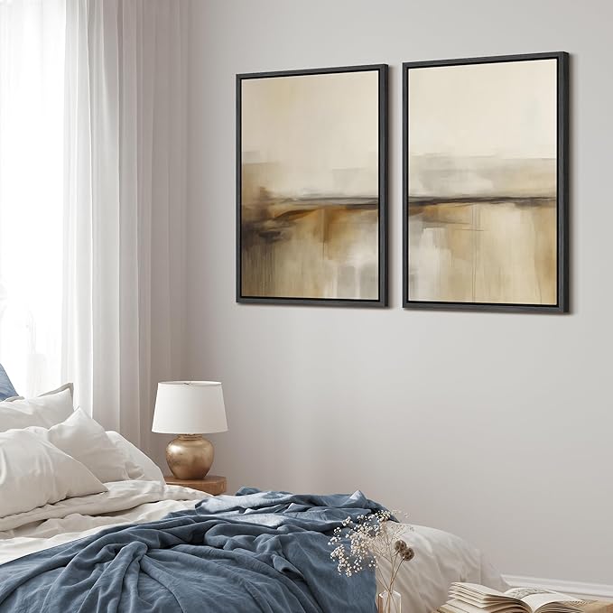 MUDECOR Framed Canvas Print Wall Art Set Abstract Beige and Brown Gradient Neutral Minimalist Landscape Illustrations Modern Art Decorative Calm for Living Room, Bedroom, Office - 16"x24"x2 Black