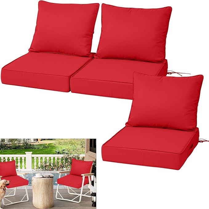 Waterproof Outdoor Chair Cushion Set of 3, 24x24x5 IN Deep Seat Patio Cushions with Fade Resistant Removable Cover,Outdoor Cushions for Patio Furniture with Ties&Handle for Chair Sofa Couch,Red