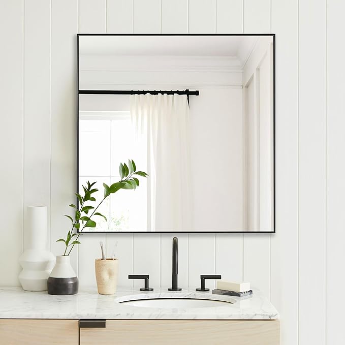 30x30 Inch Black Bathroom Mirror, Copper-Free Mirror, Aluminum Alloy Frame Vanity Mirror, Rectangle Wall Mounted Mirror, Modern Mirror for Bedroom/Living Room/Porch Horizontal or Vertical