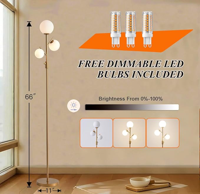 Fiqevs Upgraded Dimmable Globe Floor Lamp for Living Room, Mid Century Modern Gold Tree Floor Lamps with LED Bulbs, Elegant Standing Lamp for Bedroom Office Dining Room