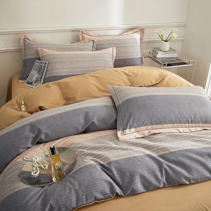 VM VOUGEMARKET Gray Stripes Duvet Cover Queen,100% Brushed Cotton Duvet Cover Matching 2 Pillow Shams,3 Pieces Burnt Orange Bedding Set Without Comforter-90x90 Inch