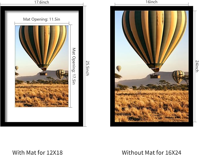 16x24 Picture Frame Set of 5, Black Poster Frame, Display Pictures 12 x 18 with Mat or 16x 24 Without Mat for Horizontal or Vertical Wall Mounting, Wall Gallery Frame for Artwork