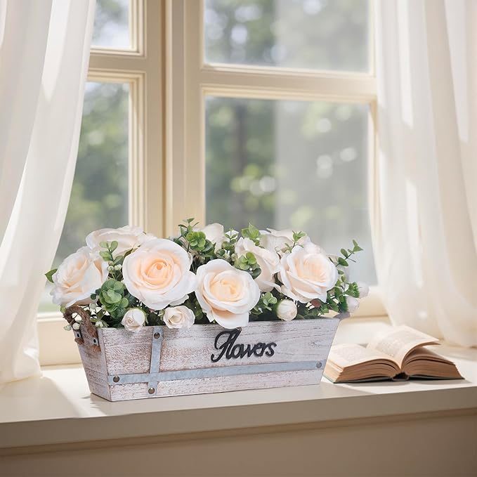 Centerpiece Table Decorations Rustic Wood Tray with 3 Artificial Champagne Rose Flowers and Fake Eucalyptus for Dining Room Farmhouse Living Room Kitchen and Coffee Table Décor