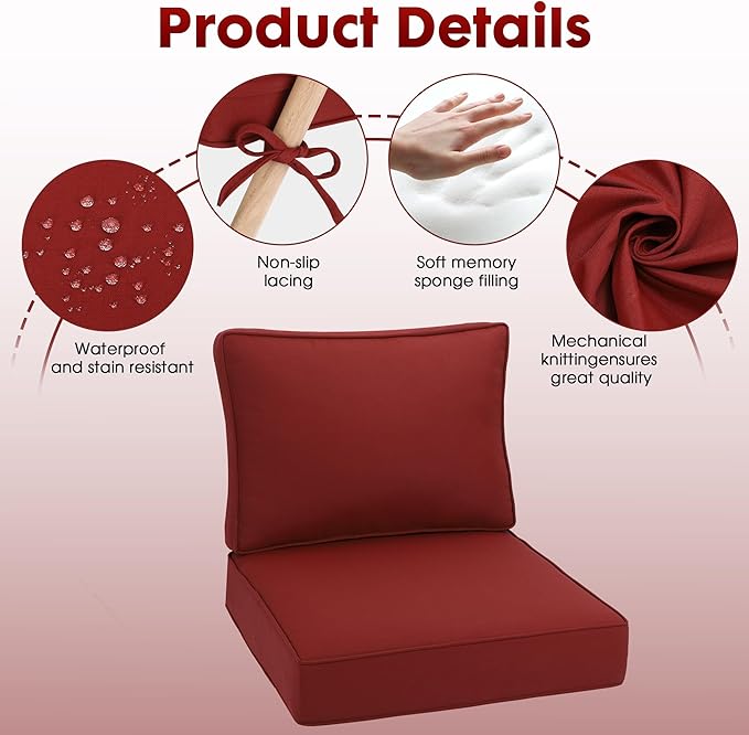 Outdoor Deep Seating Cushion Set, 24" x 24", Waterproof & Fade Resistant Patio Furniture Cushions with Handle, Deep Seat and Back Cushion for Chair and Sofa (3, Red)