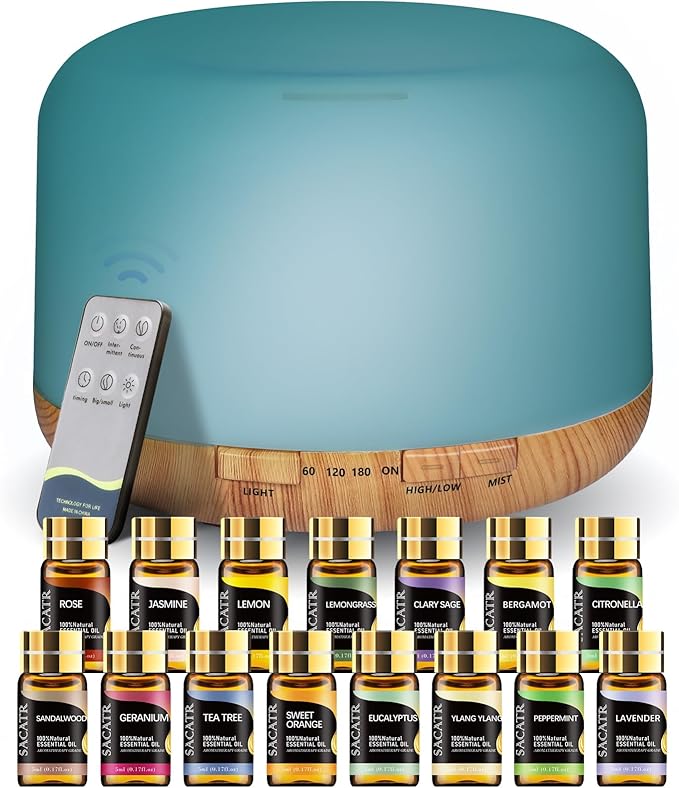 500ml Essential Oil Diffusers, Aromatherapy Diffuser with 2 Mist Mode 4 Timers＆7 Ambient Light Waterless Auto Off for Diffusers Large Room Home Office（15x5mL）