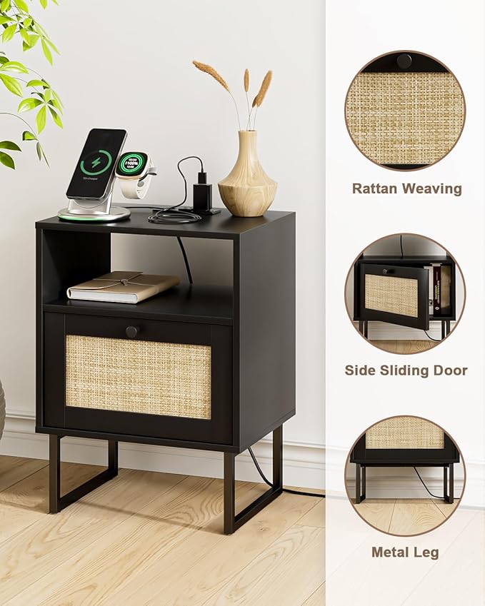 Rattan Nightstand with Charging Station, Boho Night Stand Farmhouse Wood Bedside Table with Storage and Open Shelf, End Side Accent Table for Bedroom,Living Room,Black